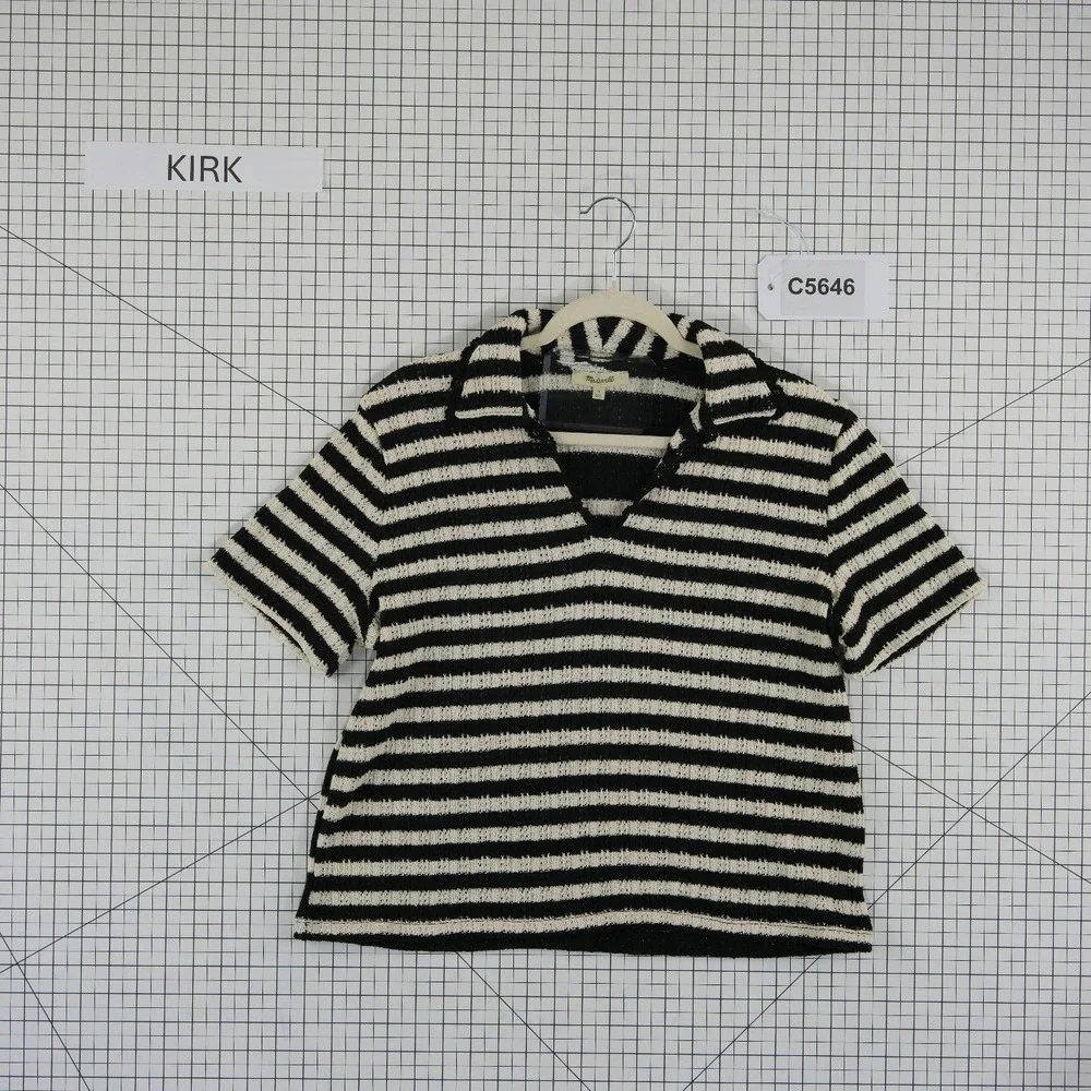 Madewell Polo Sweater Women's Size Medium Black White Striped V Neck Knit Top
